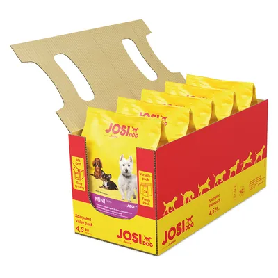 JosiDog Mini Adult ekonomipaket, 4,5 kg. Förpackning med handtag, innehåller 5 färskpåsar. För vuxna hundar av små raser.
