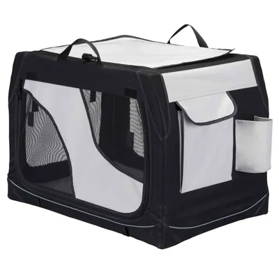 Opvouwbare transportbox van zwart en grijs textiel met gaasvensters, handgrepen bovenop, zijvak en opbergvak aan de zijkant. Geschikt voor vervoer of tijdelijk verblijf van huisdieren.