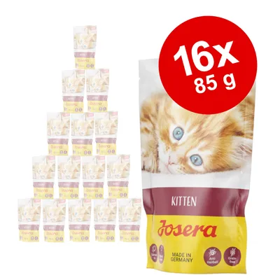Josera Kitten mokré krmivo, 16x85g, vyrobené v Nemecku, proti tvorbe bezoárov, bez obilnín. Balenie zobrazuje mačiatko s modrými očami.