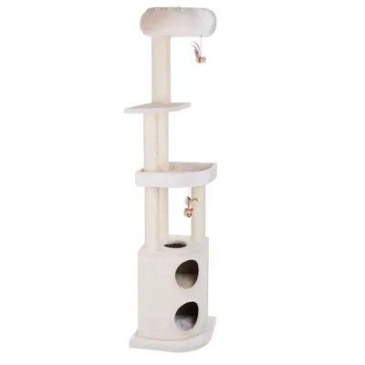 Arbre à chat beige avec plusieurs plateformes, deux jouets suspendus et niche à deux entrées rondes. Revêtement en tissu et poteaux recouverts de sisal visibles.