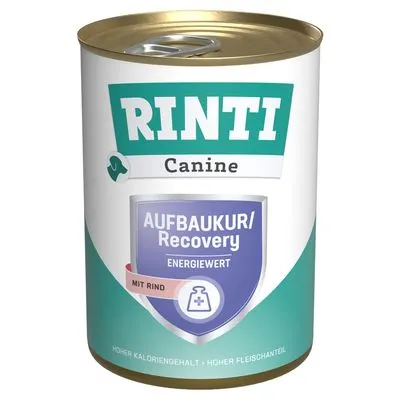 RINTI Canine AUFBAUKUR/Recovery ENERGIEWERT MIT RIND. Hoger kaloriengehalt, hoger vleesaandeel zichtbaar op het blik. RINTI Canine AUFBAUKUR/Recovery ENERGIEWERT MIT RIND. Hoger kaloriengehalt, hoger vleesaandeel zichtbaar op het blik.