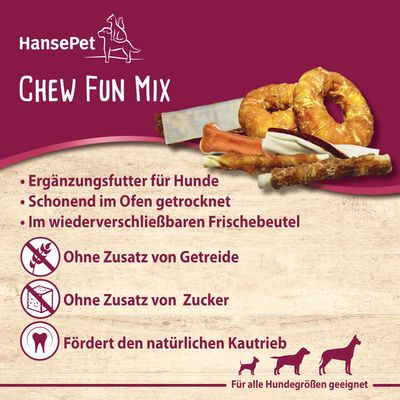 HansePet Chew Fun Mix. Ergänzungsfutter für Hunde, schonend im Ofen getrocknet, im wiederverschliessbaren Frischebeutel. Ohne Zusatz von Getreide und Zucker. Fördert den natürlichen Kautrieb.