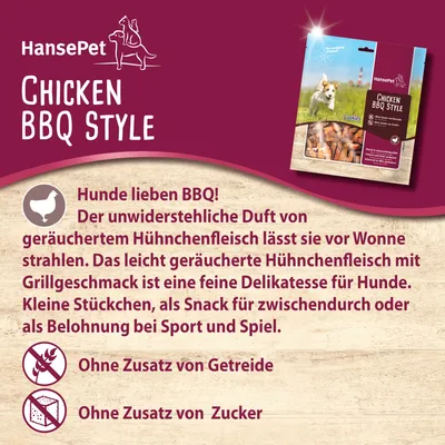 HansePet Chicken BBQ Style. Texte en allemand : snack pour chiens au poulet fumé, sans ajout de céréales ni de sucre. Image du paquet visible en haut à droite.