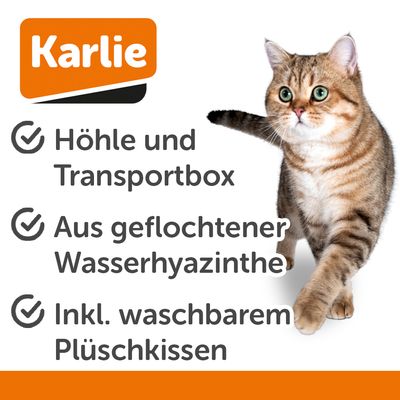 Geflochtener Transportkorb aus Naturmaterial mit schwarzem Metallgitter und weissem Innenpolster. Tragegriff oben sichtbar.