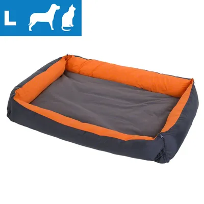 Coussin pour animaux taille L, bords orange et base grise, adapté aux chiens et chats selon pictogrammes visibles. Matière textile clairement visible.