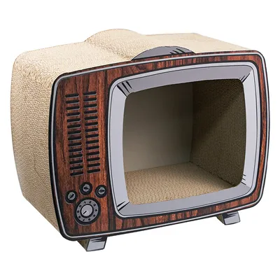 Casetta per gatti in cartone a forma di televisore retrò con effetto legno e superficie tiragraffi interna.
