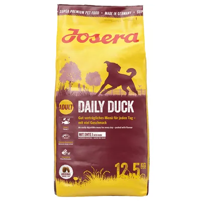 Josera Daily Duck Adult, dobrze tolerowane menu z kaczką, bezglutenowa receptura, Omega-3, umiarkowana energia, oryginalna jakość Josera, 12,5 kg, wyprodukowano w Niemczech.