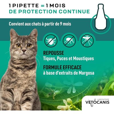 Vetocanis Anti-Parasitaire pour chats. Protection contre les tiques, puces et moustiques. Format Éco : 4x1 mois pipettes, >9 mois de protection. Formulé sous contrôle vétérinaire. Fabriqué en France.