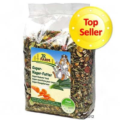 JR Farm Super nourriture pour rongeurs, mélange visible dans un sachet transparent, étiquette multilingue, pastille verte «Food Classic», badge jaune «Top Seller» en anglais.