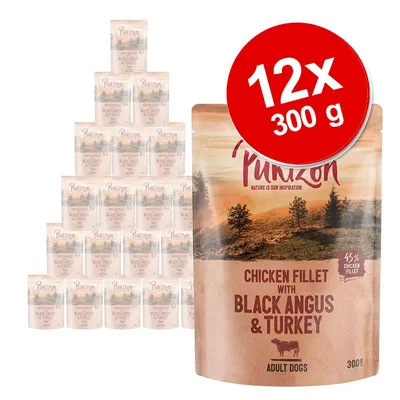 Purizon Chicken Fillet with Black Angus & Turkey, 12×300 g csomag, 45% chicken fillet, adult dogs felirattal látható tasakok.