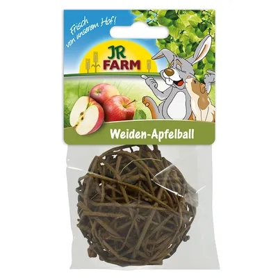 JR Farm Weiden-Apfelball, pajusta valmistettu pallo pakkauksessa. Etiketissä kuva omenasta ja kani, teksti: Frisch von unserem Hof!