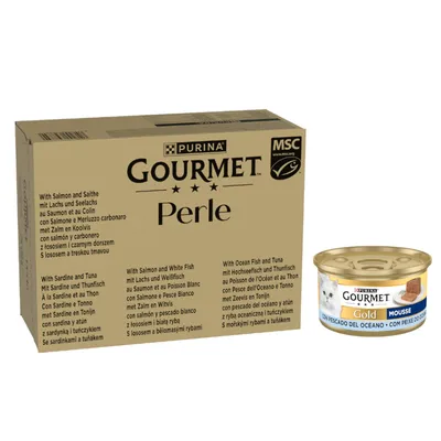 24x85 g gratis! 96x85 g Megapack Gourmet Perle + gratis 24x85g Gourmet Gold hrană umedă pisici - Perle 96 x 85 g Mix de pește (în sos) +  Gold Mousse Pește oceanic 24 x 85 g 