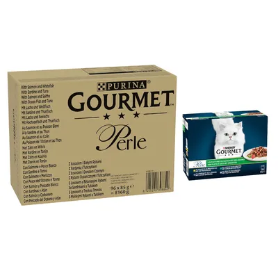 24 x 85 g gratis! 96 x 85 g Megapack Gourmet Perle + 24 x 85 g hrană umedă pisici - Somon & pește alb, Sardine & ton, Somon & cod negru, Pește de mare & ton 96 x 85 g + Fâșii alese cu legume 24 x 85 g