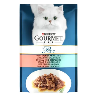 Purina Gourmet Perle, cibo umido con salmone e merluzzo. Immagine del cibo in salsa.