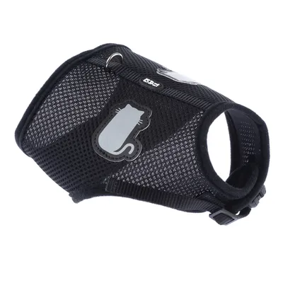 Pettorina nera per gatti in rete traspirante con logo di gatto riflettente e chiusura regolabile.
