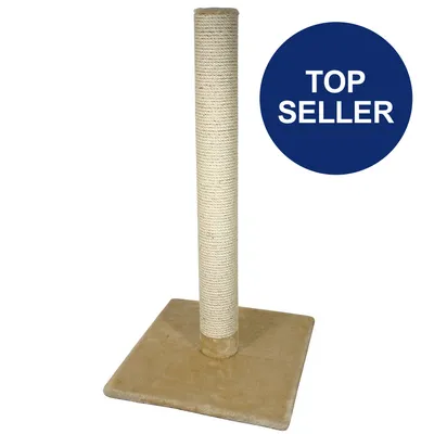 Kratzbaum mit beigem Sockel und Sisal-Säule. Blauer Kreis mit Text 'Top Seller'.