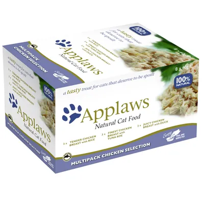 Applaws Natural Cat Food Multipack Chicken Selection, 8x60g. Druhy: kuře s rýží, kuře s tuňákovým kaviárem, kuře s kachnou. 100% přírodní, snadno otevíratelné.