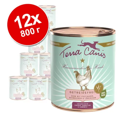 12 консерви Terra Canis, 800 г. Видими надписи: Getreidefrei, Huhn mit Pastinaken, Brombeeren & Löwenzahn, 100 % Natur. Изображение на пиле върху етикета.