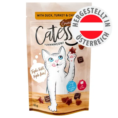 Catessy Crunchy mit Ente, Truthahn & Huhn, Triple taste triple fun, ohne Zuckerzusatz, mit Taurin, hergestellt in Österreich, 65 g Beutel.
