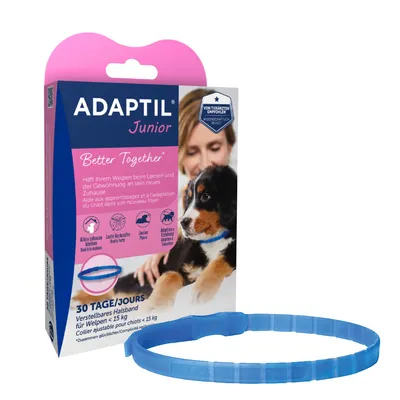 ADAPTIL Junior, collier ajustable bleu pour chiots de moins de 15 kg, 30 jours, aide aux apprentissages et à l’adaptation du chiot dans son nouveau foyer. Texte en allemand et français visible.