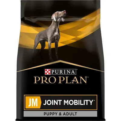 Pro Plan JM Joint Mobility, Puppy & Adult. Product packaging shows joint mobility formula for puppies and adults.
