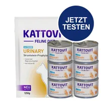 Kattovit Feline Diet Urinary mit Thunfisch, Struvitstein-Prophylaxe, moderater Magnesiumgehalt, harnsäuernd. Jetzt testen. Packung 1250g und 6 Dosen sichtbar.