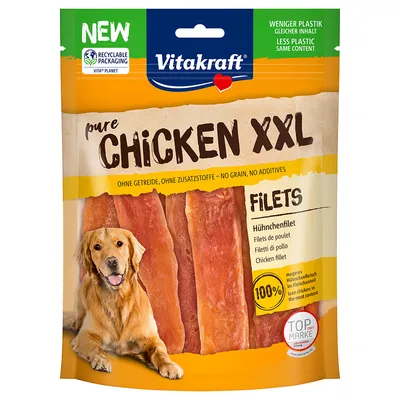 Vitakraft pure Chicken XXL fileuri, fără cereale, fără aditivi. Ambalaj cu mai puțin plastic. Carne slabă de pui, 100% carne. Top Marke 2021.