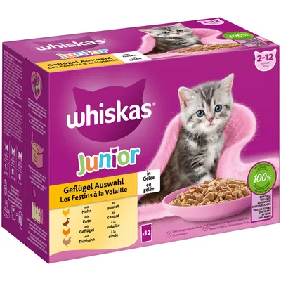 Whiskas Junior perutninska izbira v želeju, primerno za mačke od 2 do 12 mesecev. Paket z 12 porcijskimi vrečkami, vrste: piščanec, raca, perutnina, puran. 100 % kakovostne sestavine.