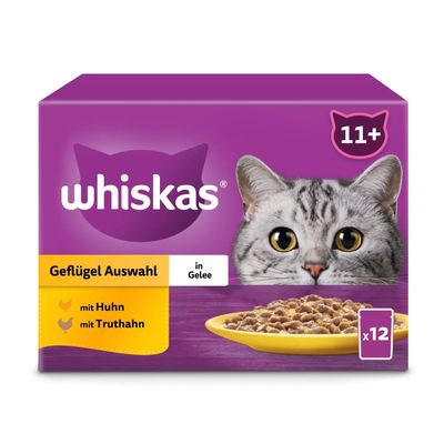 Whiskas Gevogelte Selectie in Gelei, met kip en kalkoen, voor katten vanaf 11 jaar. Verpakking bevat 12 porties. 100% hoogwaardige ingrediënten.