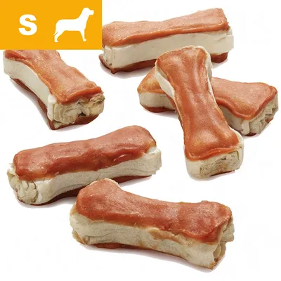 Varios huesos masticables pequeños con recubrimiento marrón. Esquina superior izquierda: fondo amarillo con letra S y silueta de perro en blanco. Varios huesos masticables pequeños con recubrimiento marrón. Esquina superior izquierda: fondo amarillo con letra S y silueta de perro en blanco.