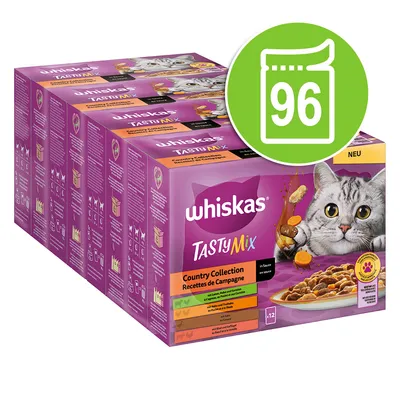 Whiskas Tasty Mix Country Collection i sås, 96 portioner. Förpackningen visar en katt och en skål med foder. Ny märkning.