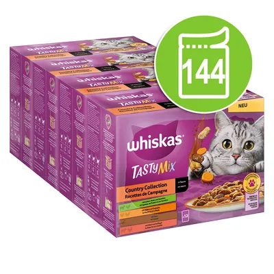 Whiskas Tasty Mix Country Collection i sås, 144 portioner. Ny. Förpackning med kattmotiv och ingrediensbild.