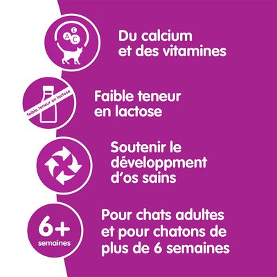 Du calcium et des vitamines, faible teneur en lactose, soutenir le développement d’os sains, pour chats adultes et chatons de plus de 6 semaines.