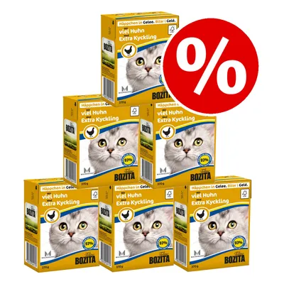 Six boxes of Bozita cat food, viel Huhn med Extra Kyckling, 370g each, yellow packaging with cat image and 93% text. Large red percentage discount symbol overlaid. Six boxes of Bozita cat food, viel Huhn med Extra Kyckling, 370g each, yellow packaging with cat image and 93% text. Large red percentage discount symbol overlaid.