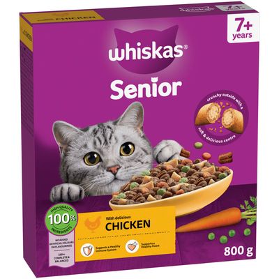 Promise: with high-quality protein, crunchy on the outside and soft on the inside, with carrots and peas. Bowl shown with colourful dry food.