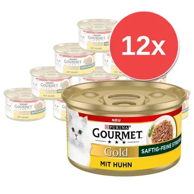 12x Purina Gourmet Gold Saftig-Feine Streifen mit Huhn, konzervy s obrázkem bílé kočky a kuřecího masa na etiketě. Text na obalu: NEU, MIT HUHN.