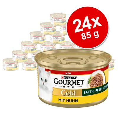 Purina Gourmet Gold mit Huhn, saftig-feine Streifen. Packung mit 24 Dosen à 85 g. Neu gekennzeichnet.