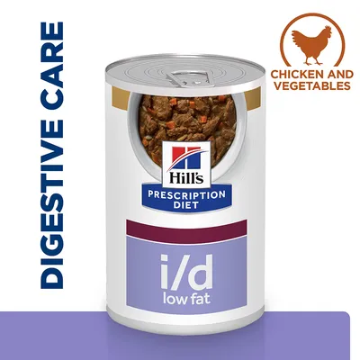Hill's Prescription Diet i/d low fat, DIGESTIVE CARE, CHICKEN AND VEGETABLES. Konzerva s komadima mesa i povrća vidljivim kroz otvor. Tekst na engleskom jeziku.