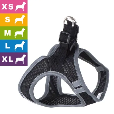 Harnais pour chien en tissu noir et gris, disponible en tailles XS, S, M, L, XL indiquées avec silhouettes de chiens à gauche de l’image.