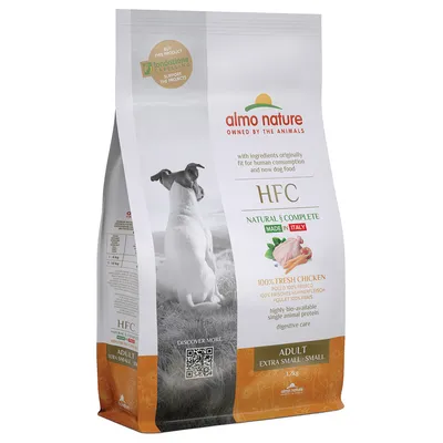 Almo Nature HFC Adult Extra Small-Small, 100% fresh chicken meat, Made in Italy, natural ingredients, 1.2kg. Supports Fondazione Capellino projects.