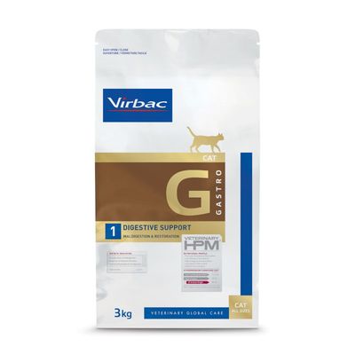 Embalagem de ração Virbac Cat Gastro G, Digestive Support, Veterinary HPM, 3 kg. Indicado para gatos, apoio digestivo. Texto visível: maldigestion & restoration, cat all sizes.
