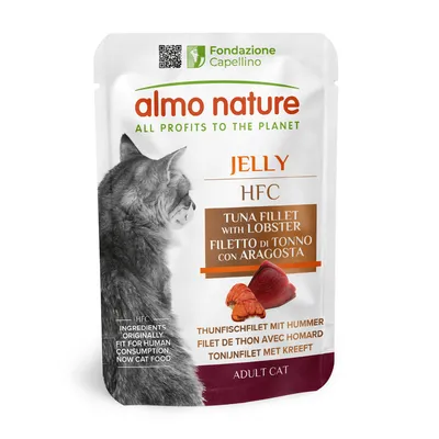 Almo Nature Jelly HFC филе от риба тон с омар. Съставки, първоначално подходящи за човешка консумация, сега храна за котки. За възрастни котки. Fondazione Capellino.