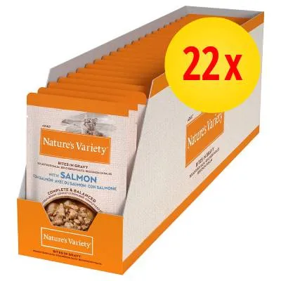 Lot de 22 sachets Nature's Variety Bites in Gravy with Salmon, emballage visible avec mention '22x' en jaune et rouge sur le coin supérieur droit.