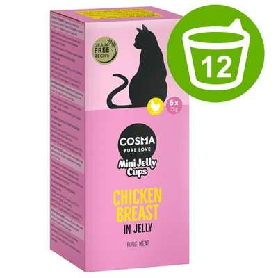 Cosma Pure Love Mini Jelly Cups, Chicken Breast in Jelly, Getreidefreie Rezeptur, 6x25g. Grünes Symbol mit Messbecher und Zahl 12. Cosma Pure Love Mini Jelly Cups, Chicken Breast in Jelly, Getreidefreie Rezeptur, 6x25g. Grünes Symbol mit Messbecher und Zahl 12.