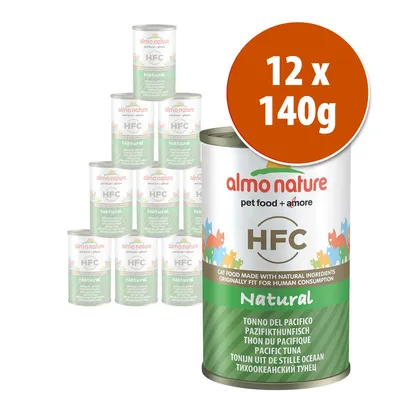 12 latas de 140 g de Almo Nature HFC Natural, atum do Pacífico. Texto visível: 'pet food + amore', 'cat food made with natural ingredients originally fit for human consumption'. 12 latas de 140 g de Almo Nature HFC Natural, atum do Pacífico. Texto visível: 'pet food + amore', 'cat food made with natural ingredients originally fit for human consumption'.