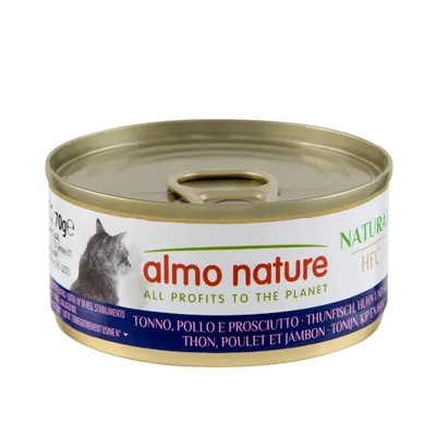 Almo Nature HFC Natural, Dose 70g, Thunfisch, Huhn und Schinken. Aufschrift: 'All profits to the planet'.