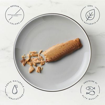 Encore Treat Whole Tuna Loin, 30g. 100% ingredienti naturali, Dolphin Friendly. Confezione con pezzo di tonno e gatto.