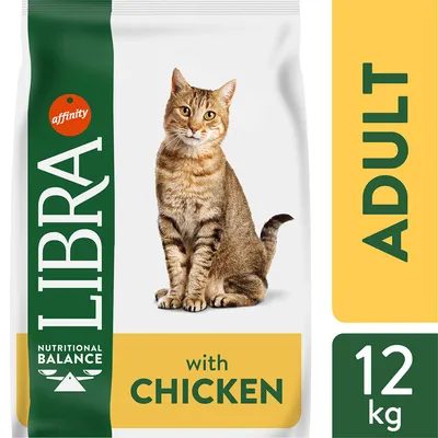 Karma dla kotów dorosłych LIBRA with chicken, 12 kg. Na opakowaniu widoczny kot, napis ADULT oraz logo affinity i Nutritional Balance.