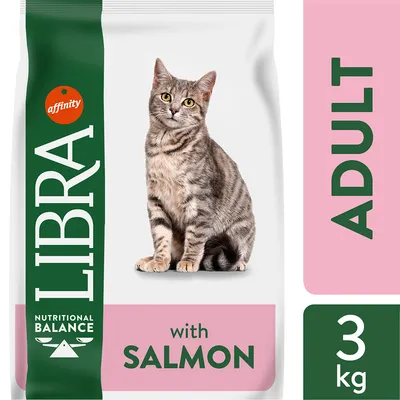 Корм для взрослых кошек LIBRA с лососем, 3 кг. Видна надпись: Nutritional Balance, with salmon, ADULT, affinity. Корм для взрослых кошек LIBRA с лососем, 3 кг. Видна надпись: Nutritional Balance, with salmon, ADULT, affinity.