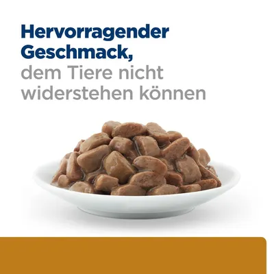 Hervorragender Geschmack, dem Tiere nicht widerstehen können. Abgebildet ist ein Teller mit braunen Fleischstücken in Sosse.